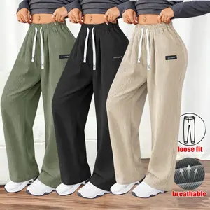 Women's Loose Fit Corduroy Wide Leg Pants, Elastic Waist Breathable Casual Trousers for Daily