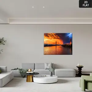 2D Flat 2D Canvas Poster with Wooden Frame - Seville Cityscape Sunset & Night Sky Art, Vibrant Orange & Blue Skyline, Perfect for Office, Living Room, Bedroom, Kitchen, or Classroom Decor, Office Wall Art |   Modern Wall Art |   Wooden Frame Art	