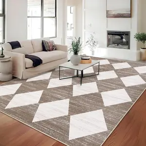 【GARVEE】8x10 Rugs Washable Checkered Rug, Modern Neutral Living Room Rugs, Stain-Resistant Large Washable Plaid Carpet for Hardwood Floor Under Dining Table Bedroom Farmhouse Home Office,Brown