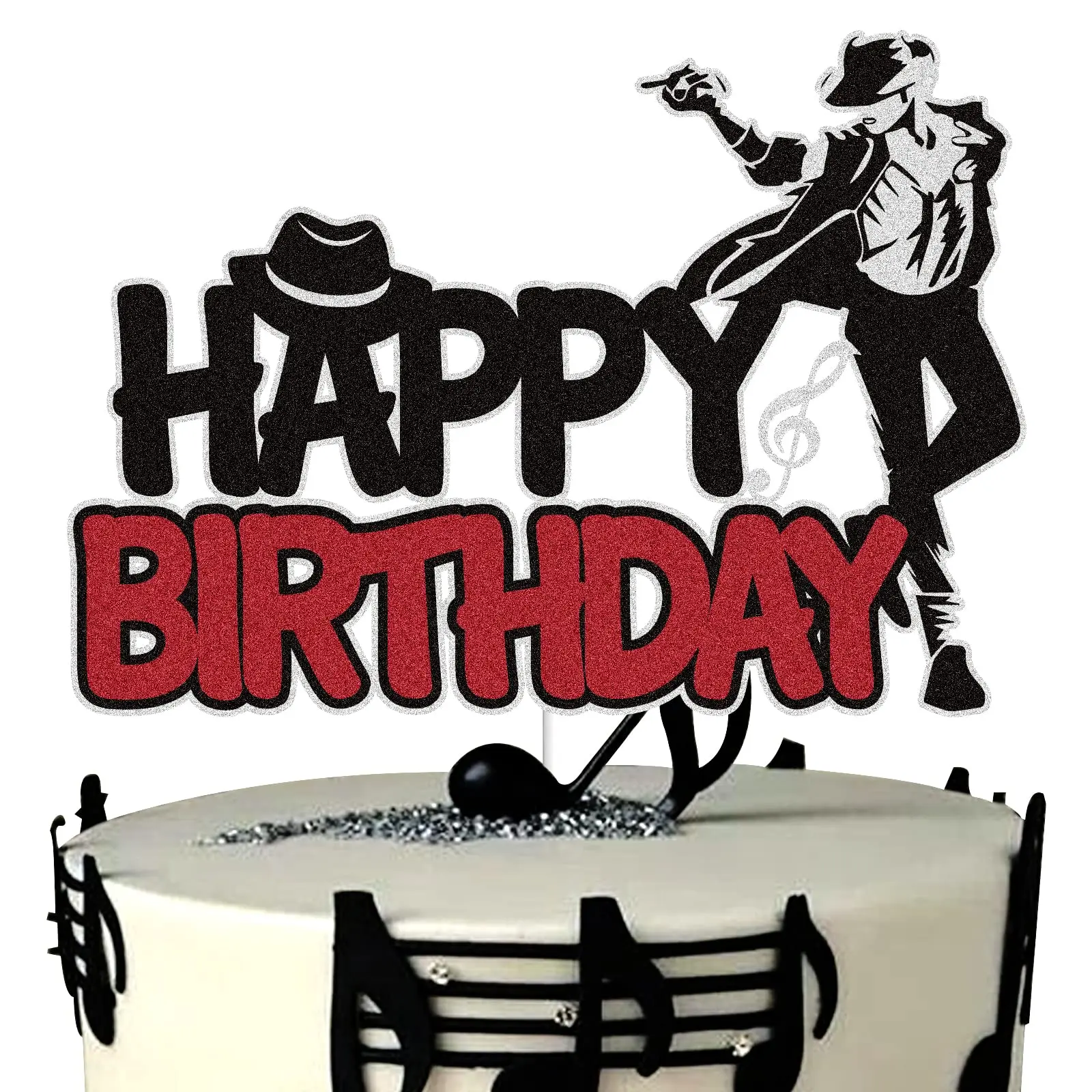 Cool King Of Pop Happy Birthday Cake Topper Black Red Glitter Dancing Queen Decorations Band Themed Party Supplies
