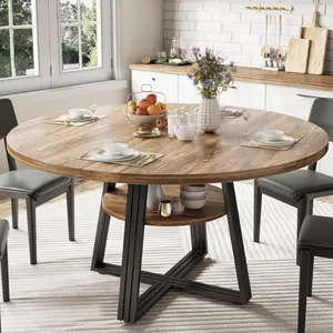 Garvee and Garvee Round Dining Table, 47-47.2 inches, seats 4-6, farmhouse style with storage shelf, sturdy metal legs, space-saving design, perfect for kitchen, dining room, living room, apartment, or meeting room