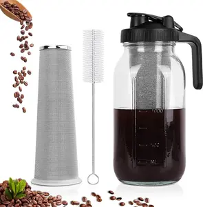 Old Brew Coffee Maker 64 oz Mason Jar Pitcher with Stainless Steel Filter Glass Beverage Pots Airtight Lid BPA-Free Easy Clean