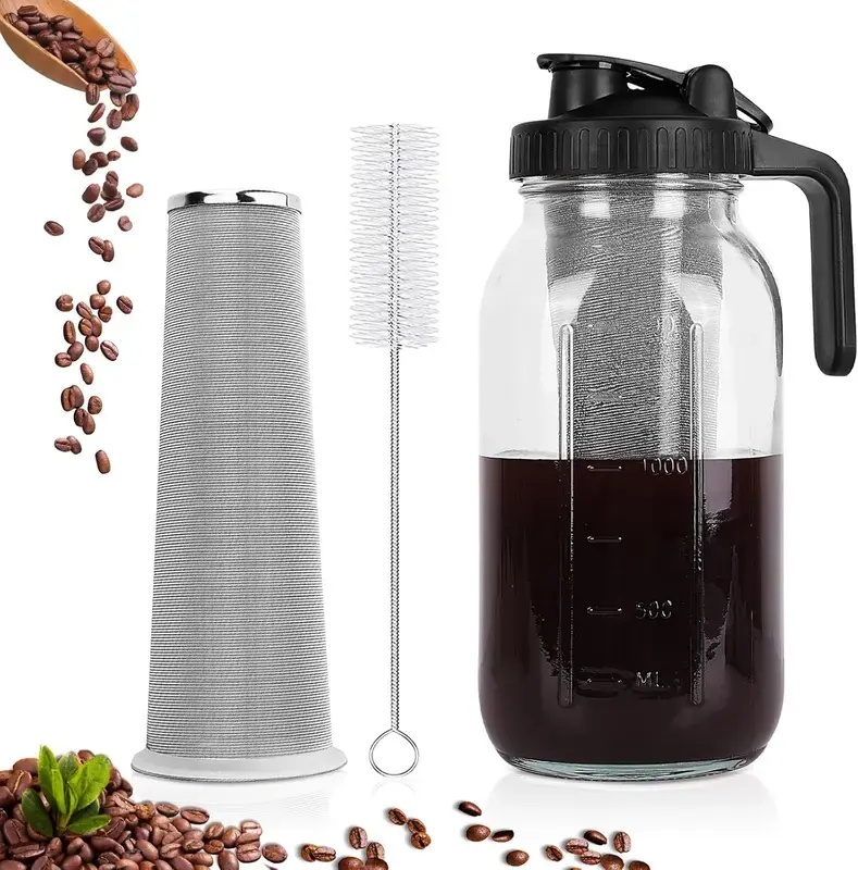 Cold Brew Coffee Maker 64 oz Mason Jar Pitcher with Stainless Steel Filter & BPA-Free Lid for Cold Brew Iced Tea & Easy Cleaning