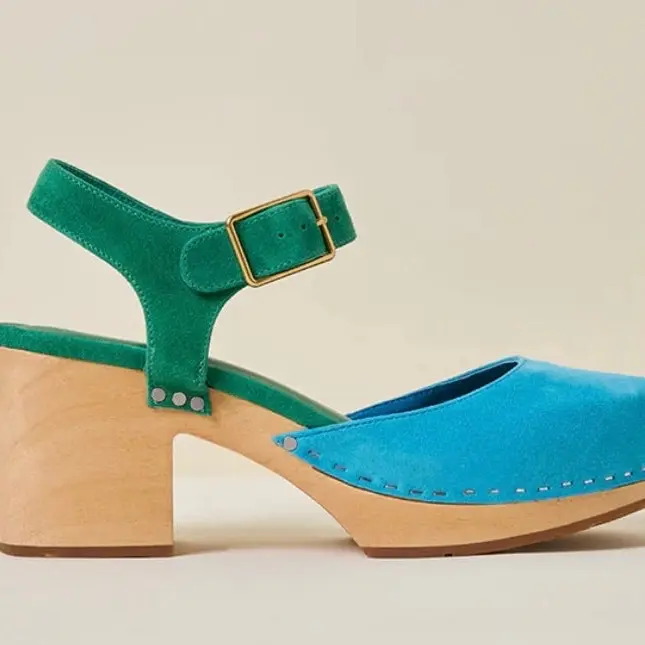 Charlotte Stone Maud Clog Blue & Green with Gold Buckle and Wood Heel