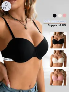 🔥 3 Pack Women's Love Life Letter Smooth Bra, Underwire Push Up Lift, Adjustable Straps Seamless Invisible, Elegant Chic, Sexy Versatile Fit Lingerie for Commute & Dating