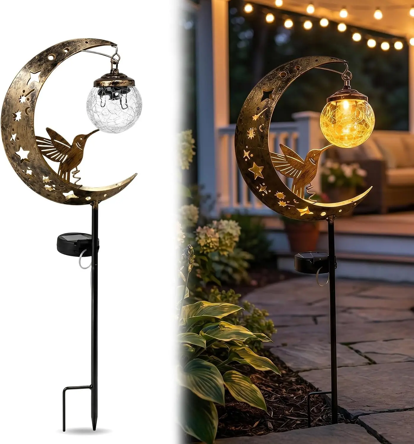 Solar Hummingbird Moon Garden Stake Light - Waterproof Metal Crescent Moon Frame with Crackle Glass Globe Ball, Automatic Smart Lighting for Bird Lovers, Decking & Patio Gentle Night Festive Decorations, Yes, Water Resistant sohochic