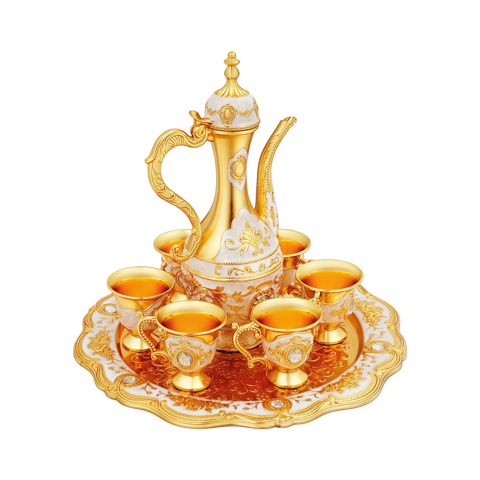 Sturdy European-Turkish Antique Dragon Tea Set - 250ml/8.45oz Teapot with Polished Finish, Carved Details Zinc Alloy Spout, 30ml/1.01oz 6 Teacups, Tray, Multi-Purpose Decanter, Gold Decorative Vase - Ideal for Anniversary Gifting, Tea Lovers