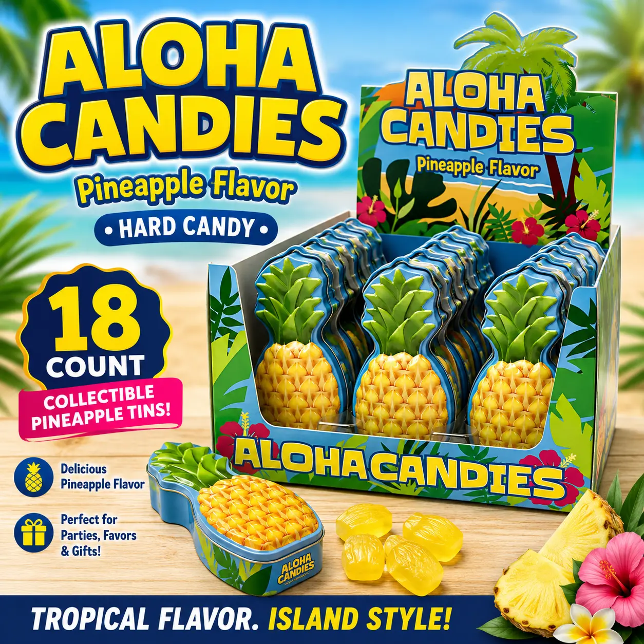 Boston America Aloha Pineapple Hard Candy Tins 18 Count  Tropical Pineapple Hard Candy in Collectible Metal Tins | Fun Gift & Travel Candy