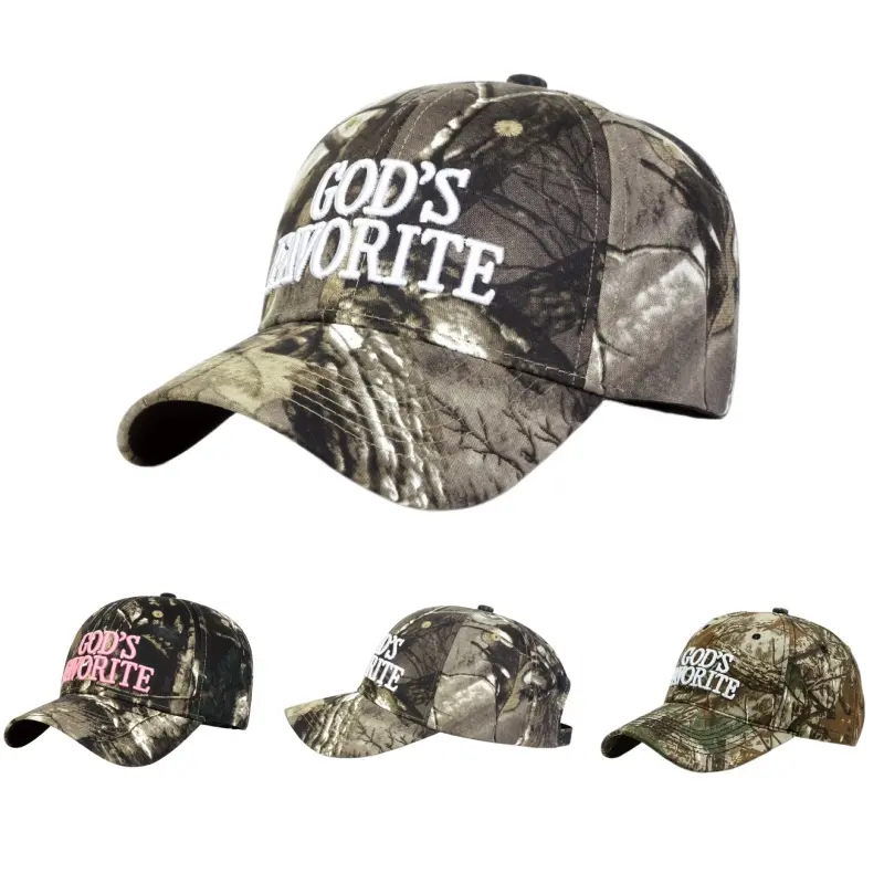 1pc Unisex Adjustable Baseball Cap with Camouflage Branch Pattern & "GOD's FAVORITE" Embroidery - Distressed Vintage Style, Foldable Design for Outdoor Casual Wear, Embroidered Baseball Cap, Stylish Headwear, Construction