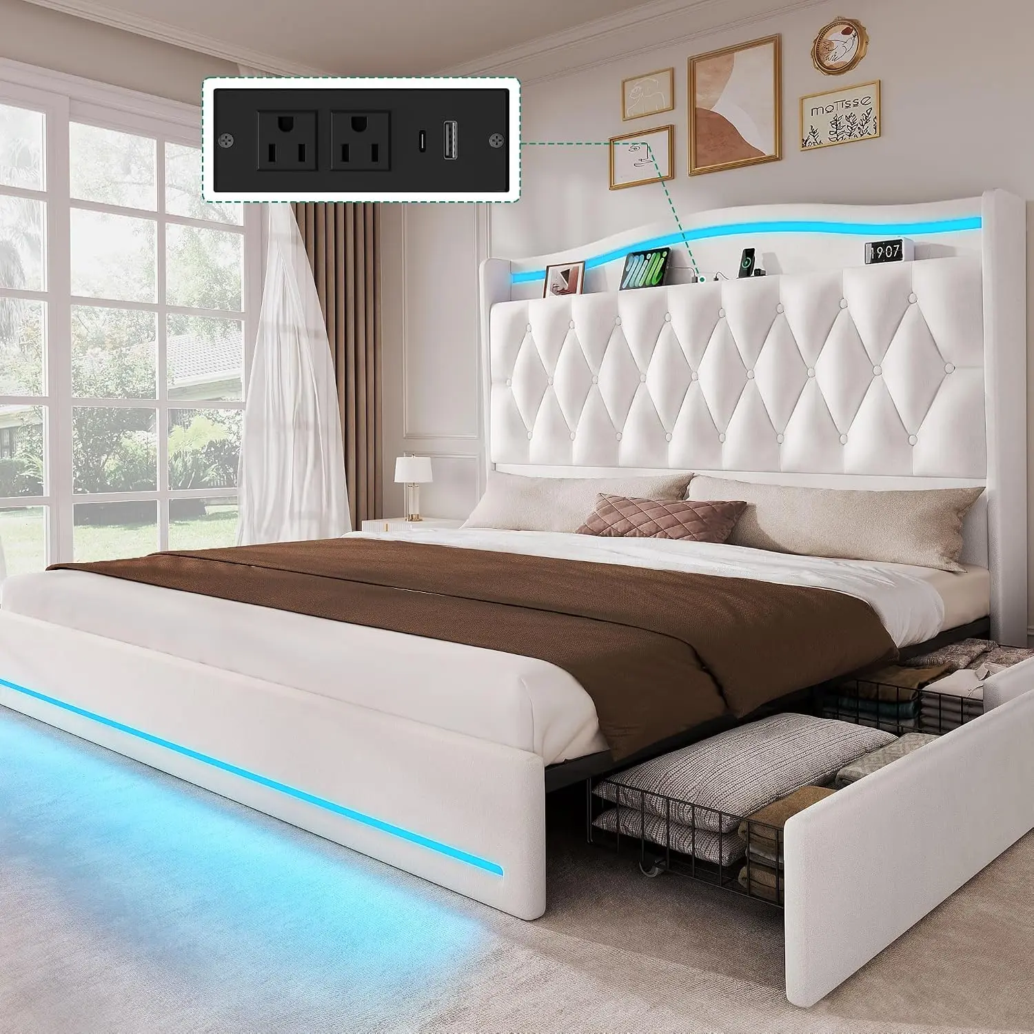 YITAHOME King Size Bed Frame with 4 Storage Drawers and RGB LED Lights | 57'' Tall Headboard Velvet Upholstered Bed with Charging Station, No Box Spring Needed, Easy Assembly, Noise-Free, Beige