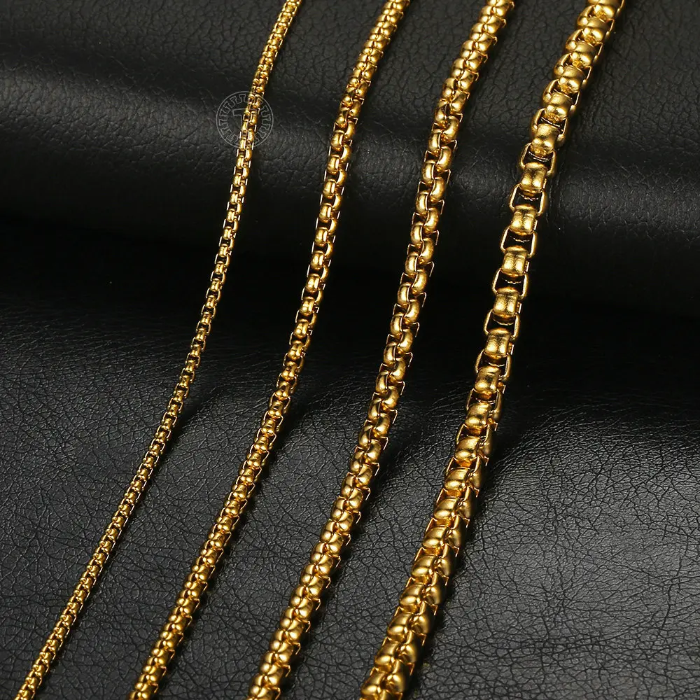 Hermah 2/3/4/5mm Round Box Chain Necklace 16-30inch Gold Plated Stainless Steel Link Choker Jewelry for Female Male Gift