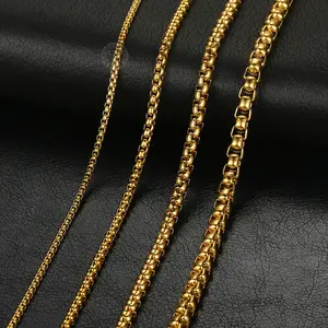 Hermah 2/3/4/5mm Round Box Chain Necklace 16-30inch Gold Plated Stainless Steel Link Choker Jewelry for Female Male Gift