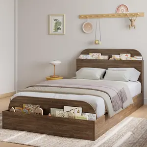 Garvee - Marco de Cama de tamaño Individual con cabecero de Almacenamiento y Estribo Elevado, Cama de Madera de Plataforma Baja para niños, Resistente y sin Ruido, no Necesita somier, Nogal