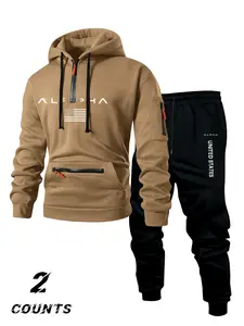 Men's Hooded Sweatshirt Set with Zipper Pockets, Alpha Print, Casual Fitted Design, Fall & Winter Streetwear, Multiple Colors Available