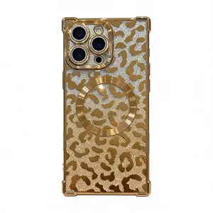 Square Leopard Print Glitter Luxury Magnetic Phone Case with Lens Protector , Full Camera Protection Shockproof Cover for iPhone 17 Pro max, 16plus, 15, 14, 13, 12, 11 junk