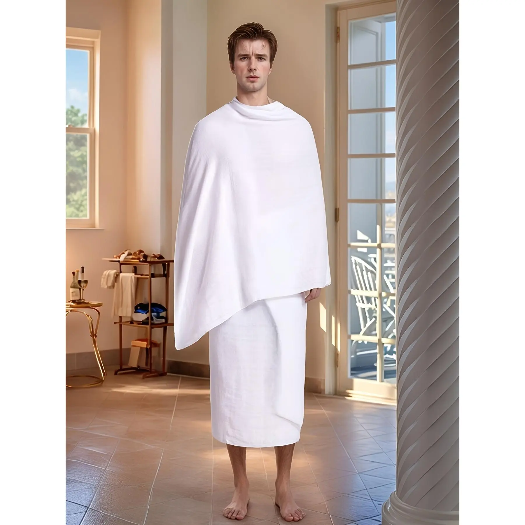 2pcs/1 Set Worship Cloth Pilgrimage Suit Eid al-Adha Muslim Men'S Prayer Towel Adult White Arabic Traditional Hijab Islamic Hajj Towel with Tassels Prayer Shawl Men'S Gift White Eid al-Fitr Gift with Exquisite Storage Bag 43.31*82.68inch/500g*2