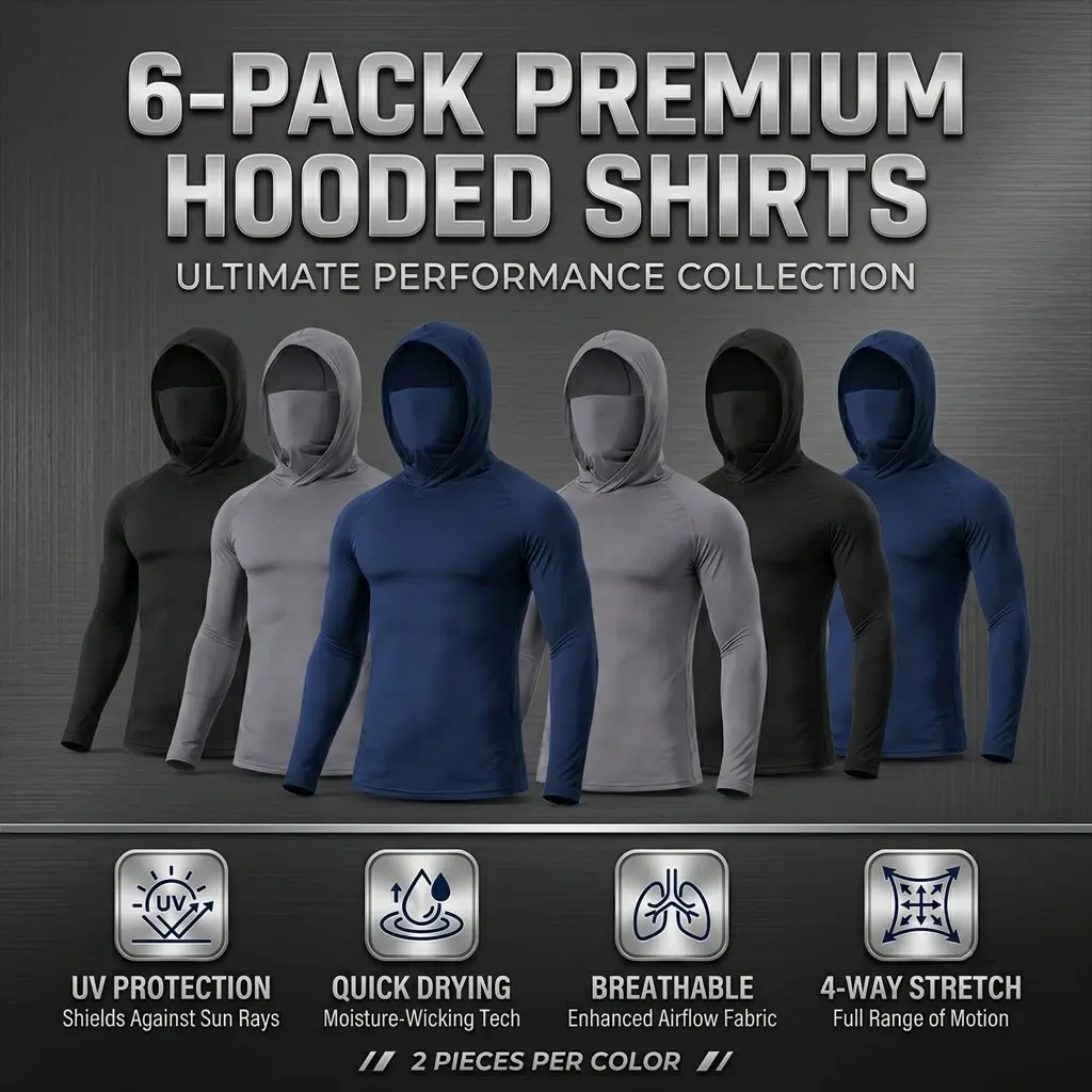 6 PCS Unisex Cooling Hooded Athletic Shirts with Face Cover, Quick Dry Breathable Long Sleeve Compression Activewear for Fishing, Running, Camping, Construction, Hiking and Outdoor Sports