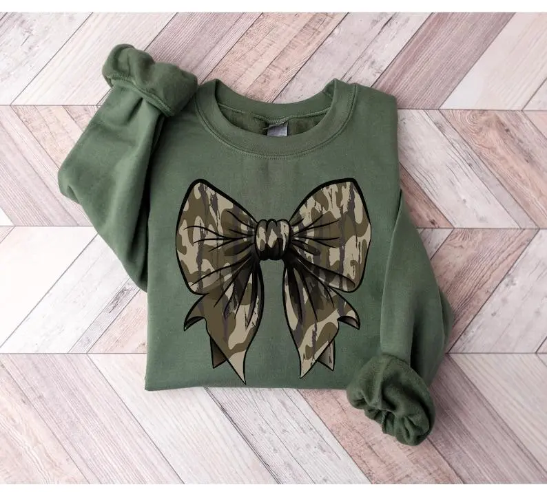 Men's Fitted Cotton Round Neck Casual Camo Coquette Bow Top, Old School Camouflage Duck Hunting Fall Top - KitchenEra