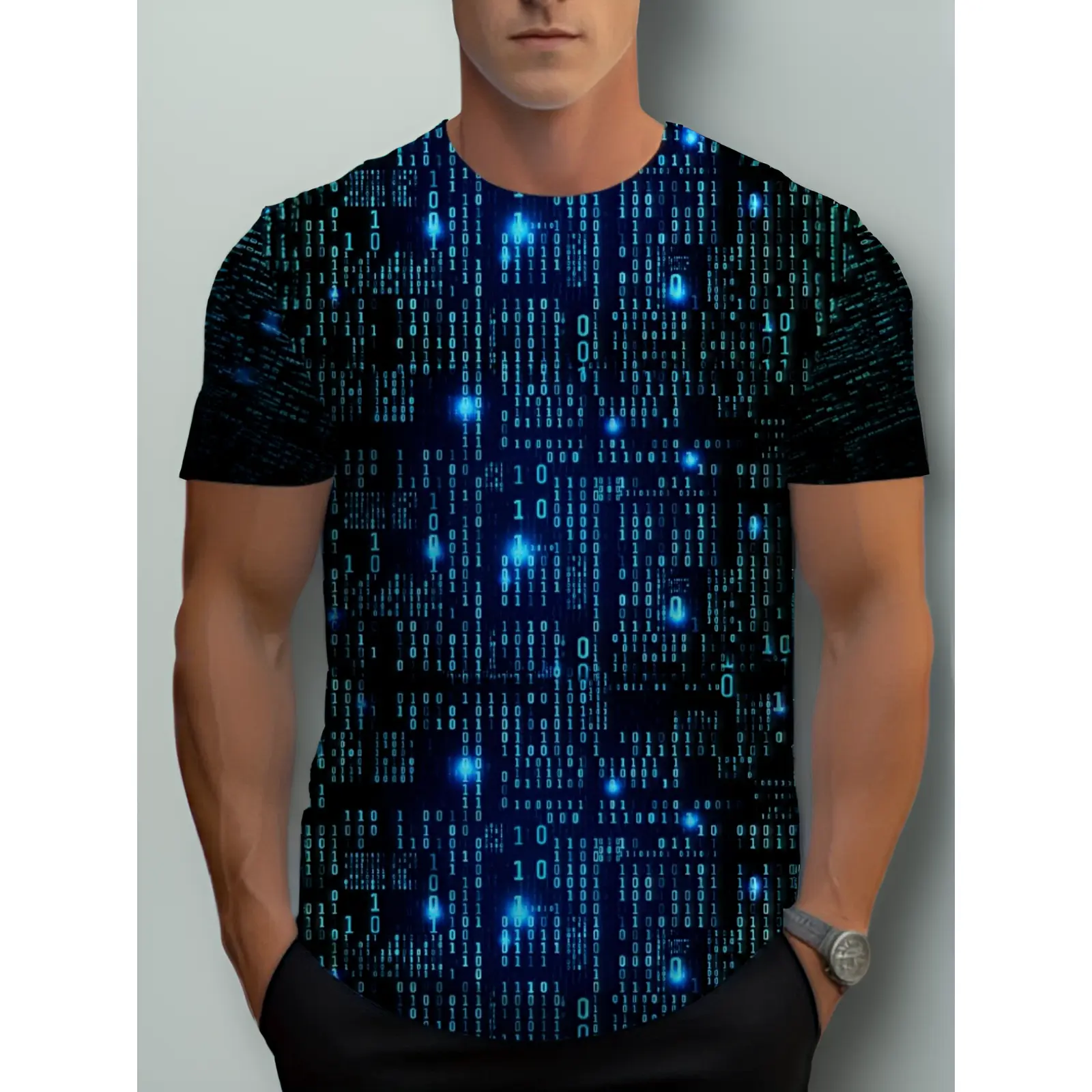 Men'S All-Over Digital Print T-Shirt with Computer Code Design - Tech-Themed Crew Neck Short Sleeve Shirt, Heat Transfer Graphic, Suitable for Programmers And Coding Activities, Casual Summer And Year-Round Wear Printed Design - Not Textured