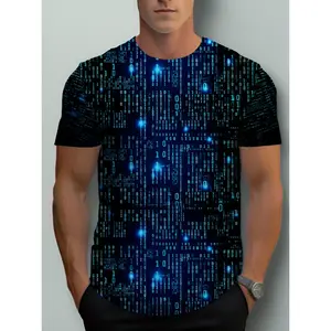 Men'S All-Over Digital Print T-Shirt with Computer Code Design - Tech-Themed Crew Neck Short Sleeve Shirt, Heat Transfer Graphic, Suitable for Programmers And Coding Activities, Casual Summer And Year-Round Wear Printed Design - Not Textured