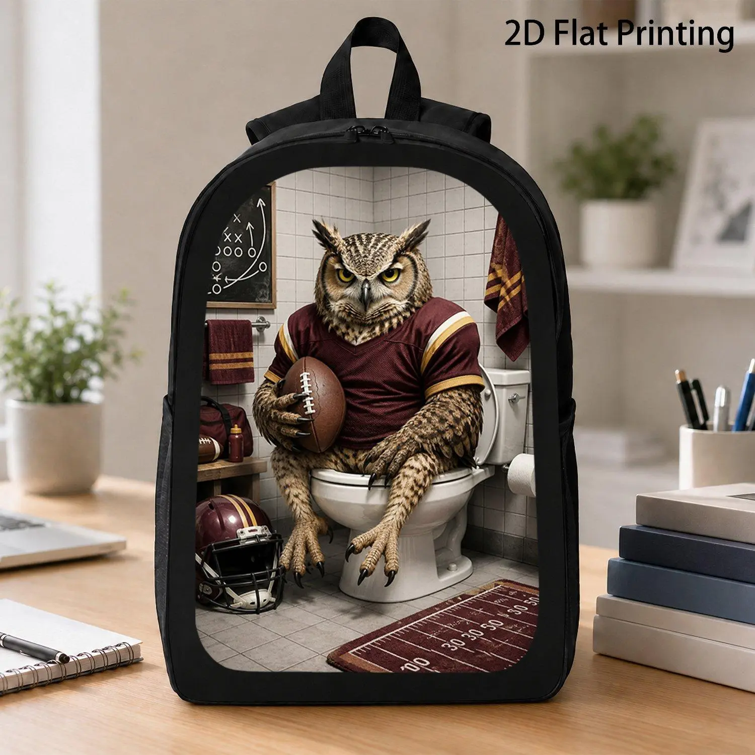 17 Inch Backpack 1pc Amusing Owl Football Athlete Sitting On Toilet Locker Room Casual Bird Sports Print Funny Popular Travel School Everyday Use Bag