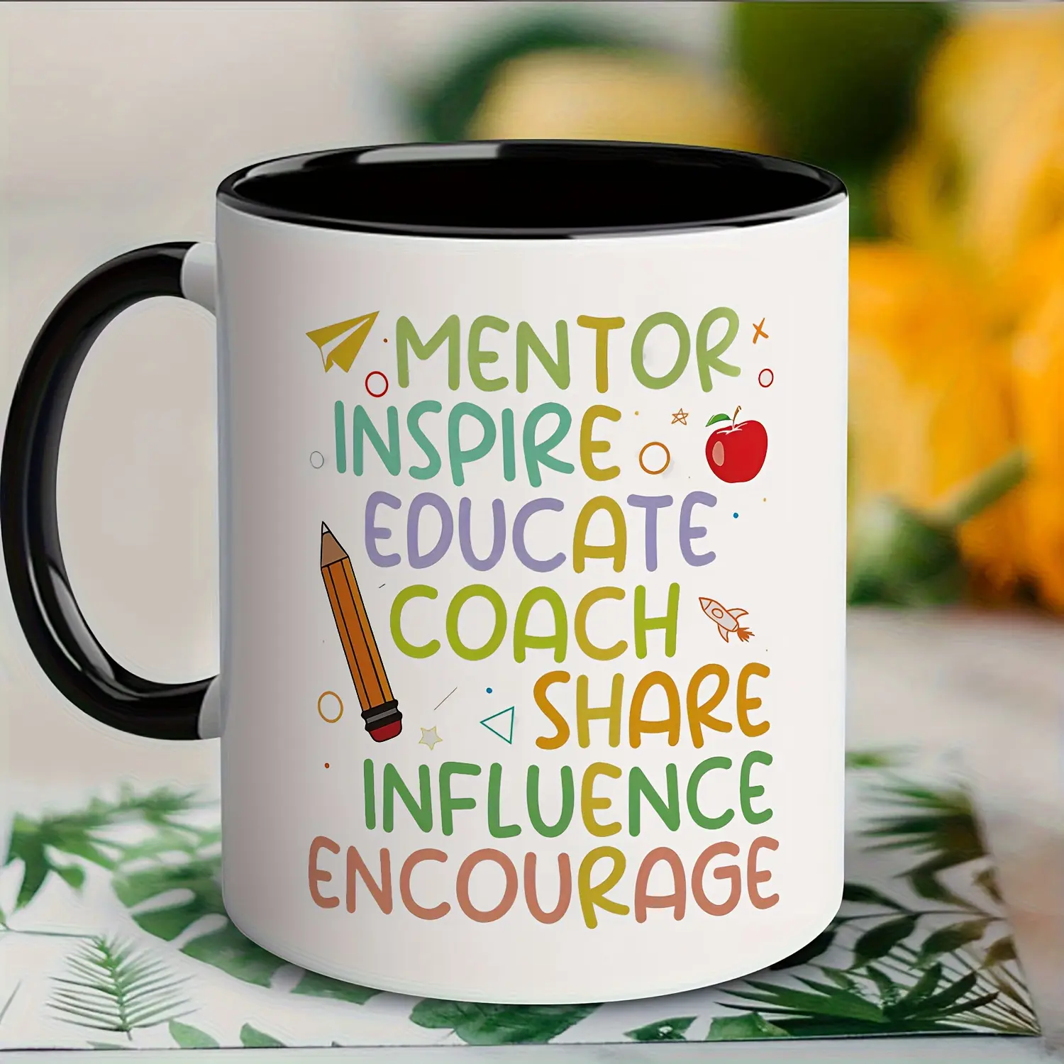 Mentor Inspire Educate Teacher Coffee Mug, Colorful Inspirational 11oz Ceramic Cup, Teacher Appreciation Gift