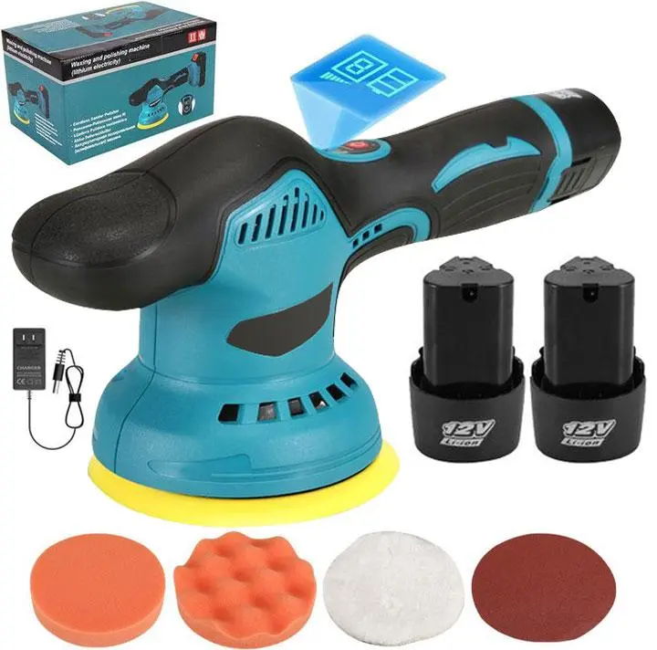 12V Cordless 5-in Mini Orbital Buffer Polisher Kit - Cars Accessories, Car Tools, 2 Rechargeable Batteries + Charger, 8 Variable Speeds Up to 5500RPM, 4 Polishing Pads, Long-Lasting Power, Lightweight Portable Precision Detailer for Multiple Surfaces