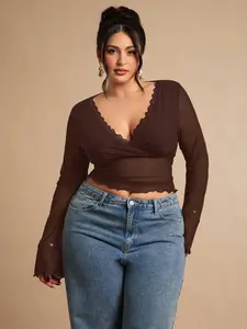 HANNA x BAE Plus Size Women Solid Color Mesh Lace Patchwork Long Sleeve Sexy Blouse, Undershirt, Outerwear