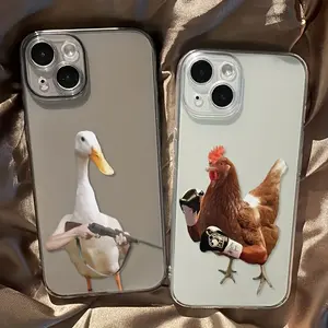 Funny Animal Boxing Chicken and Fighting Duck Transparent Phone Case,for iPhone 17 Pro Max Phone Case 17 Air 16 E 15 Plus 14 13 12 11 X XS, Samsung Galaxy S22 S23 FE S24 Plus S25 ULTRA FE Plus A54 53 52 36 35 34 33 Note 20 Ultra