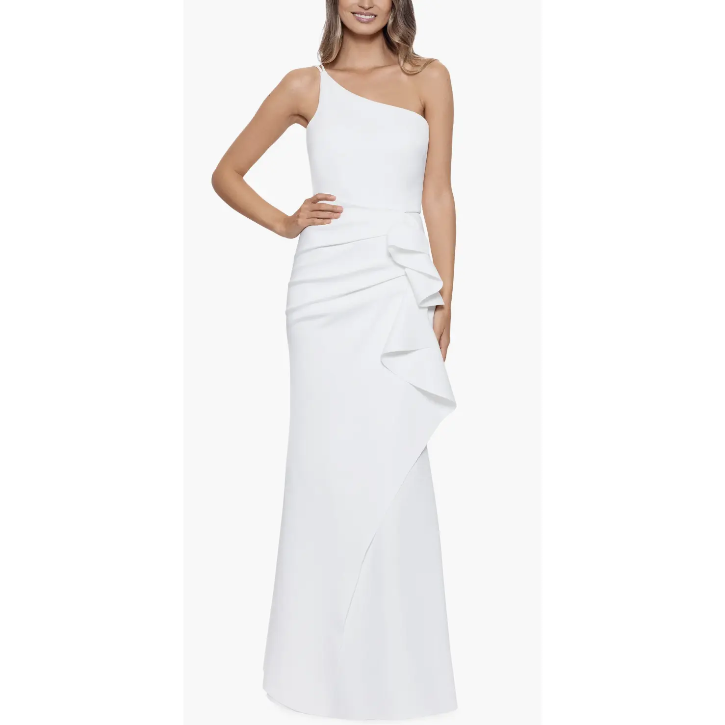Xscape Evenings One-Shoulder Ruffled Long Fit & Flare Dress 4795X