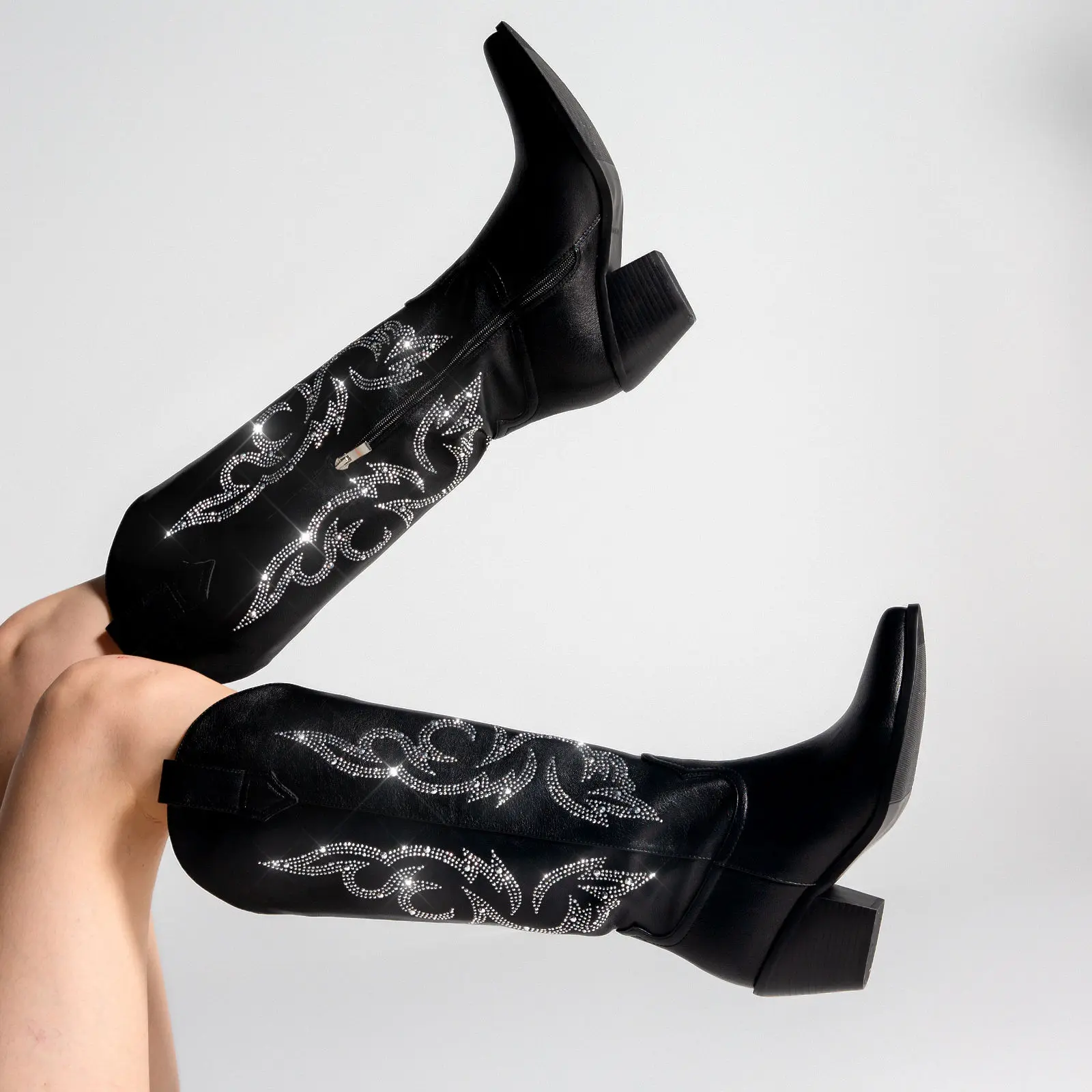 Cowboy Boots for Women - Wide Calf Sparkly Cowgirl Boots, Women's Knee High Western Rhinestone Boots, Glitter Sparkle Ladies Tall Boots with Classic Embroidery and Side Zipper Botas, Halloween Gifts summervibes,