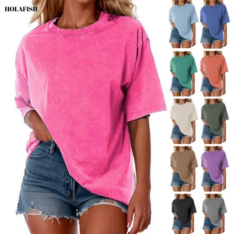 Holafish 2026 Acid Wash Unisex Oversized Cotton T-Shirt Crew Neck Half Short Sleeve Summer Top Casual Loose Fit Solid Streetwear Comfortable Tees Basic Womenswear Shortsleeve Tshirt 2026