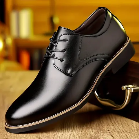 Men’s Minimalist Formal Oxfords - PU Leather Shoes, Ankle-High, PU Upper, Stud-Accented Lace-Up, Business Office Commuting Footwear, All Seasons Versatile for Casual Wear