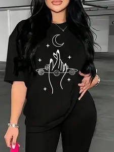 Women's Moon & Hand Print Drop Shoulder Tee, Fashion Casual Crew Neck Round Neck Fitted T-Shirt for Daily Outdoor Wear, Ladies Summer Clothes, Womenswear