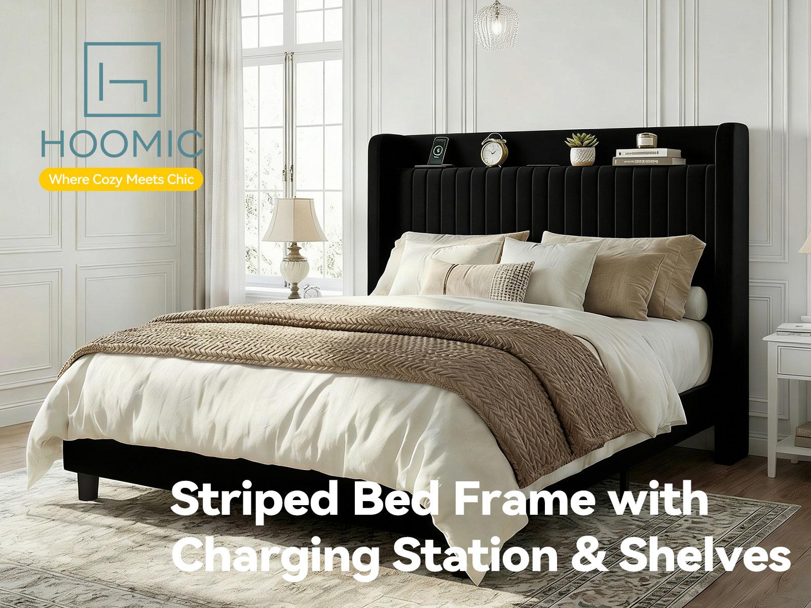 HOOMIC Full/Queen/King Platform Bed Frame with USB Ports, Upholstered Velvet Wingback Headboard, Wooden Slats, and Storage Shelf – Easy Assembly, No Box Spring Required, Black/White/Grey/Cream White#SummerVibes