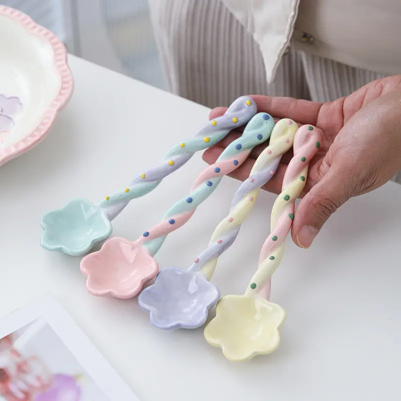 Ceramic Long Handle Spoon Household Soup Spoon High Aesthetic Cute Ins Style Stirring Spoon Coffee Spoon Girly Spoon Wholesale