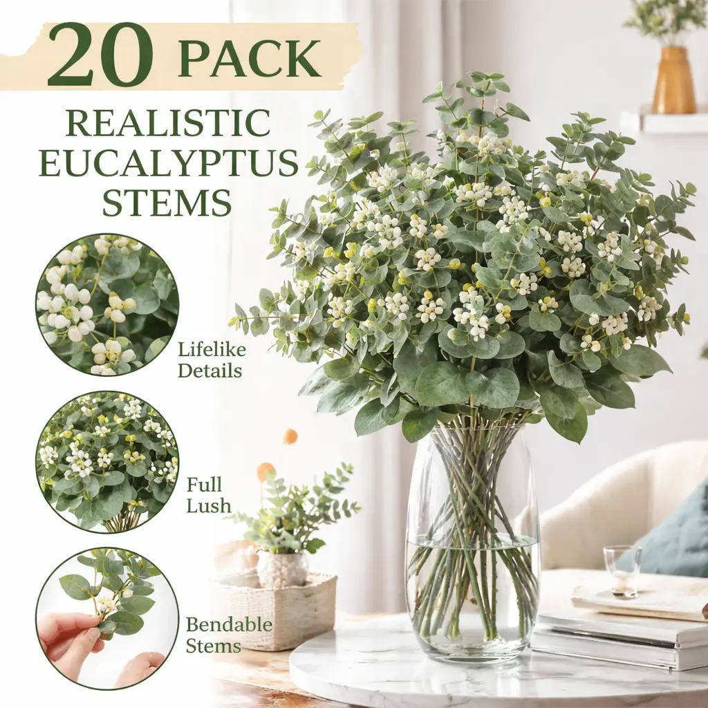 20pcs Farmhouse Artificial Oval Leaf Eucalyptus Stems - Faux Seeded Greenery with White Seeds, Flexible Wires, Lifelike Look, Long-Lasting Non-Dropping Full Bunches for Year-Round All Seasons Home Decor, Artificial Stems
