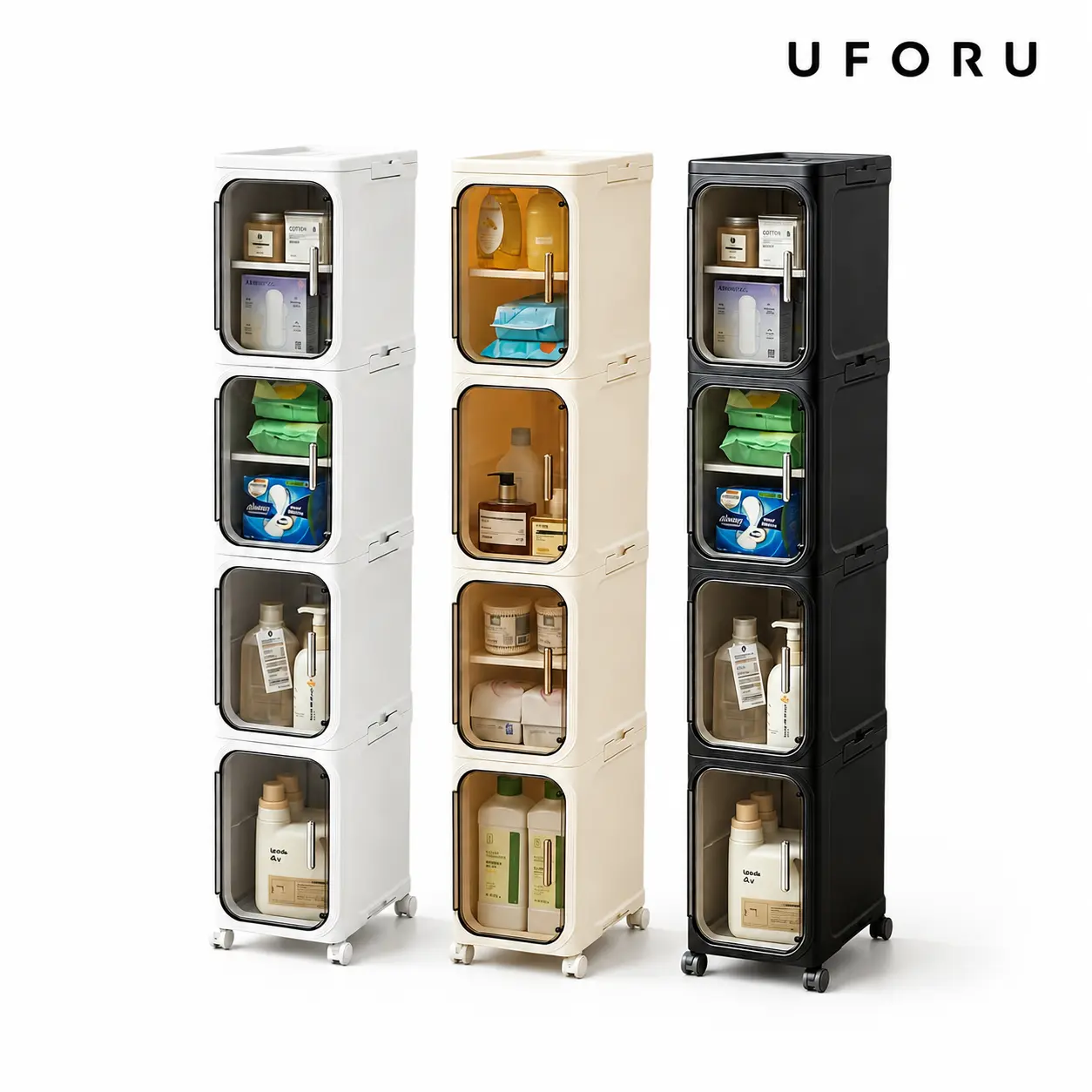 UFORU four-layer tall and narrow storage cabinet, made of plastic, with a slim design, doors and adjustable shelves, wheels, stackable and foldable, suitable for small spaces, bathrooms and kitchens,dealsforyou,midyearsale,dealsforyoudays,#SummerWins