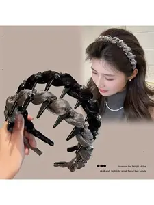 2pcs Elegant Hairband Set with Teeth Tulle Rhinestone Wavy Headband High Crown Anti-Slip Hairband Headpiece