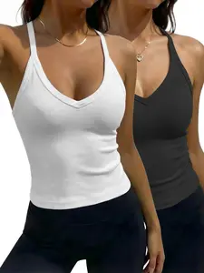 Women's Solid Basic Minimalist Racerback Tank Top, Casual Sleeveless Deep V Neck Top for Summer, Ladies Clothes for Daily Wear, Fitted Sleeveless Top, Everyday, Womenswear