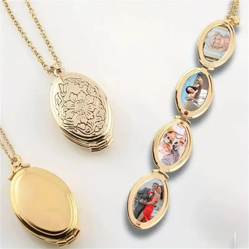 Multi Photo Locket Necklace Expandable Oval Family Memory Keepsake Pendant Gift