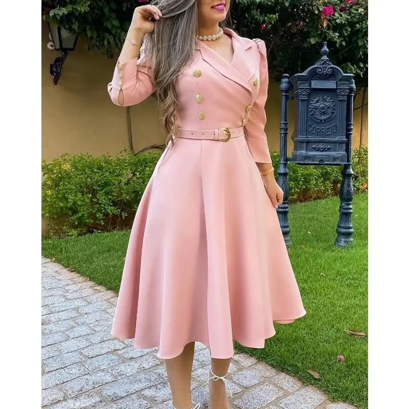Women's Chic Double-Breasted Blazer Dress - Elegant Belted A-Line Midi, Notched Collar, Puff Sleeves, Formal Wear for Work Occasions, Occasion, Basic, Pastel, Button, Plain, Pocket, Regular