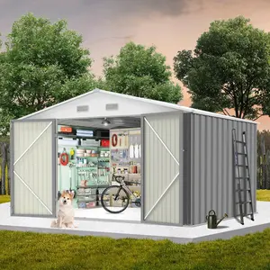 10x12 ft Outdoor Storage Shed , Heavy Duty Waterproof Metal Tool Shed with Lockable Door & Vents, Large Galvanized Steel for Backyard Patio Lawn , Grey summergarden