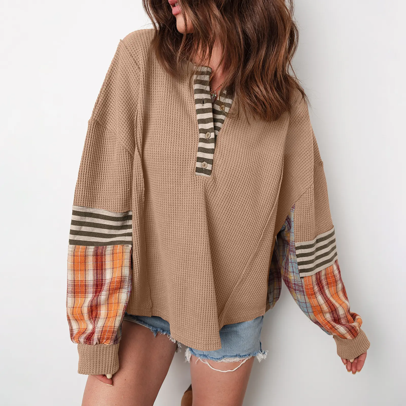 Hotapei Women's Plus Size 2X Basic Waffle Knit Long Sleeve Henley Blouse - Scoop Neck, Color Block Plaid Patchwork, Mixed Stripes Add Edge, Casual Loose Button-Down, Western Style, Lightweight Knit Fabric Pullover for Cold Wash Fall Winter Tops