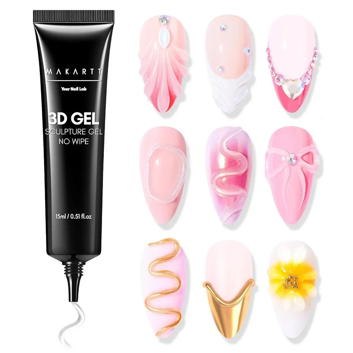 3D Gel Nail Art, Sculpting Gel Glue for Drawing, Molding, Sculpture, Gems and Decoration, No Wipe Clear Gel Polish for DIY Nail Designs, 15g