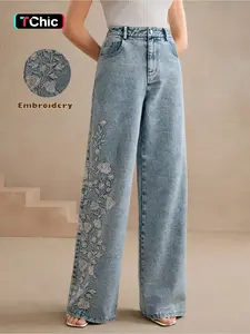 Women's embroidered, personalized, washable fitted straight-leg denim Jean, elastic, comfortable and versatile denim trousers Pants
