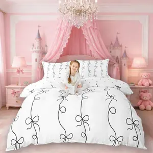Cartoon Bowknot Kids Duvet Cover Set,Bow Knot Ribbon Geometric Patchwork Bedding Set,Girls Boys Room Decor,Modern Princess Black White Simple Quilt Cover,(No Comforter)
