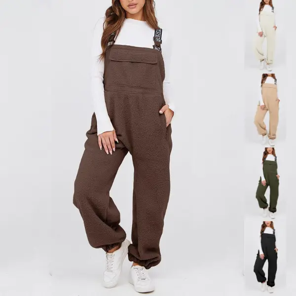 SCUSTY Womens Fleece Overalls 2024 Warm Winter Casual Loose Jumpsuits Sherpa Bib Overalls Fuzzy Ski Pants with Pockets