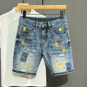 Trendy Denim Shorts For Men Summer Style Washed Blue Hole Punk American Style Slim Fit Graffiti Painted Mid Waist Pants