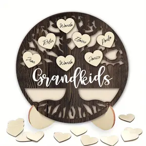 Wooden Family Tree Design Ornament, Home Decor Ornaments, 1 Set Round Shaped Decoration with 20pcs Heart Shaped Labels & Base, Diy Gift for Mom Grandma Family Birthday, Wooden Decorative Ornaments